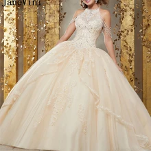 JaneVini Новое роскошное бальное платье Бальные платья Холтер аппликации бисером кисточкой органзы платье-принцесса для выпускного вечера сладкое 16 платье