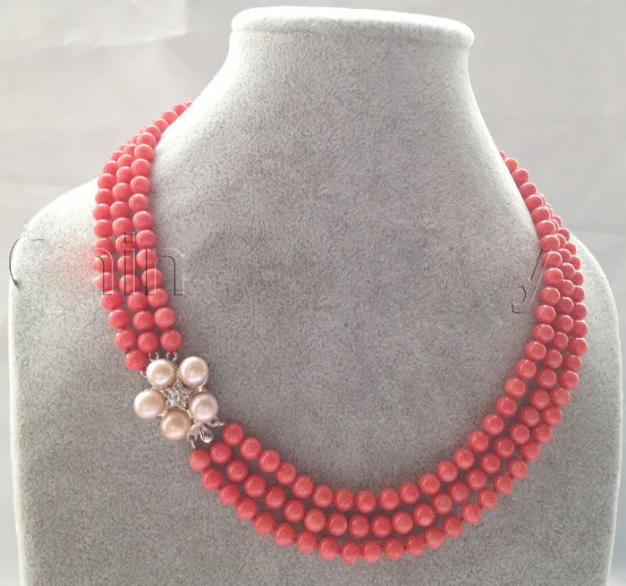 

W&O655 >stunning 5rows 5mm round red crude coral necklace #@