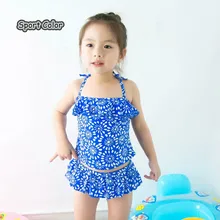 Голубой милый детский купальник, качественный купальник для девочек, купальный костюм из двух предметов с цветами для подростков, Детская Одежда для пляжа