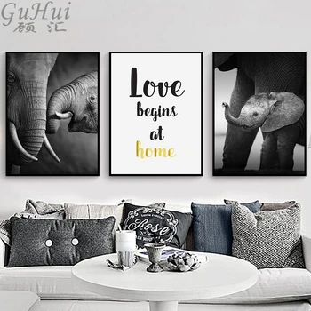 

Black White African Wild Elephant Animal Wall Picture Family Quotes Poster and Print Canvas Painting Home Room Wall Decoration