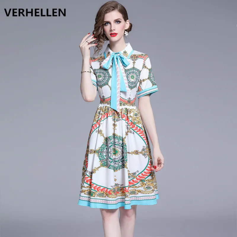 

VERHELLEN High Quality Fashion Designer Runway Dress 2019 Summer Women's Short Sleeve Bow Floral Printed Elegant Vintage Dresses
