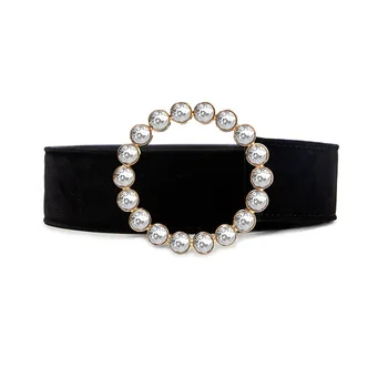 

Women Pearls Beading O-Ring Buckle Belts Velvet Wide Belt for Womens Dress new Fashion Accessories black leather luxury brand