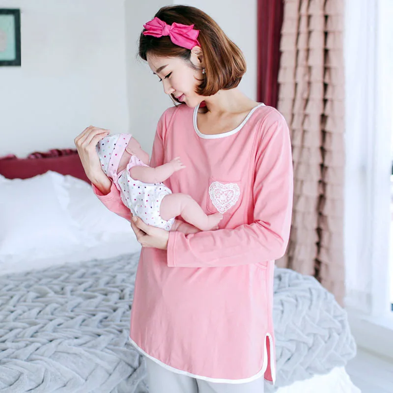Весна и осень с длинным рукавом Женская мода для беременных хлопковый топ+ Штаны кормящих комплекты одежды грудью одежда милый розовый M_XL