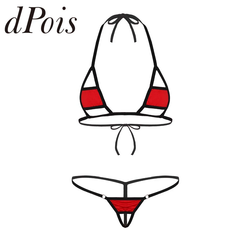 

Sexy Women Lingerie Set Halter Neck Self-tie Mini Micro Bikini Bra Top with G-String Bottom Briefs Underwear Underpants Swimwear