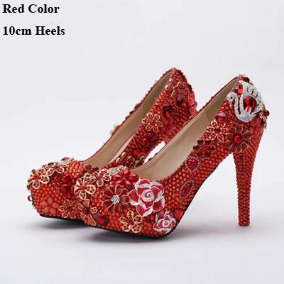 Шикарная обувь для свадьбы с круглым носком; свадебные модельные туфли; женские туфли на платформе на высоком каблуке 4 дюйма; цвет розовый, серебристый, красный - Цвет: Red 10cm Heels