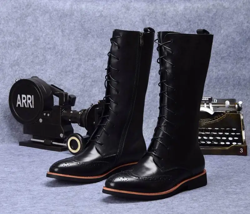 Montaria De Homem Brogue marrom Sapatos Errfc Alta Genuíno 38 Mens 44 Preto Qualidade Apontou Couro Moda Marrom Preto Botas Masculino Toe Designer Eqxaw4