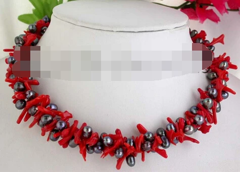 

xiuli 003308 2strands 18" baroque black pearl coral necklace