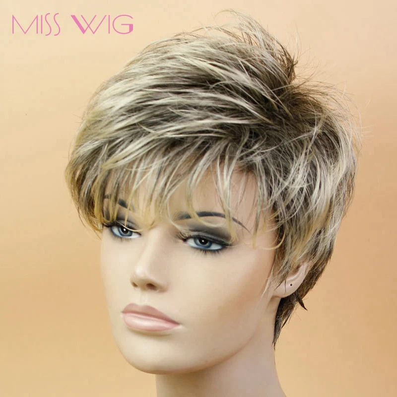 Мисс парик черный смешанный блонд прямой парик короткий Пикси Стрижка стиль парики для женщин синтетические волосы высокая температура волокна
