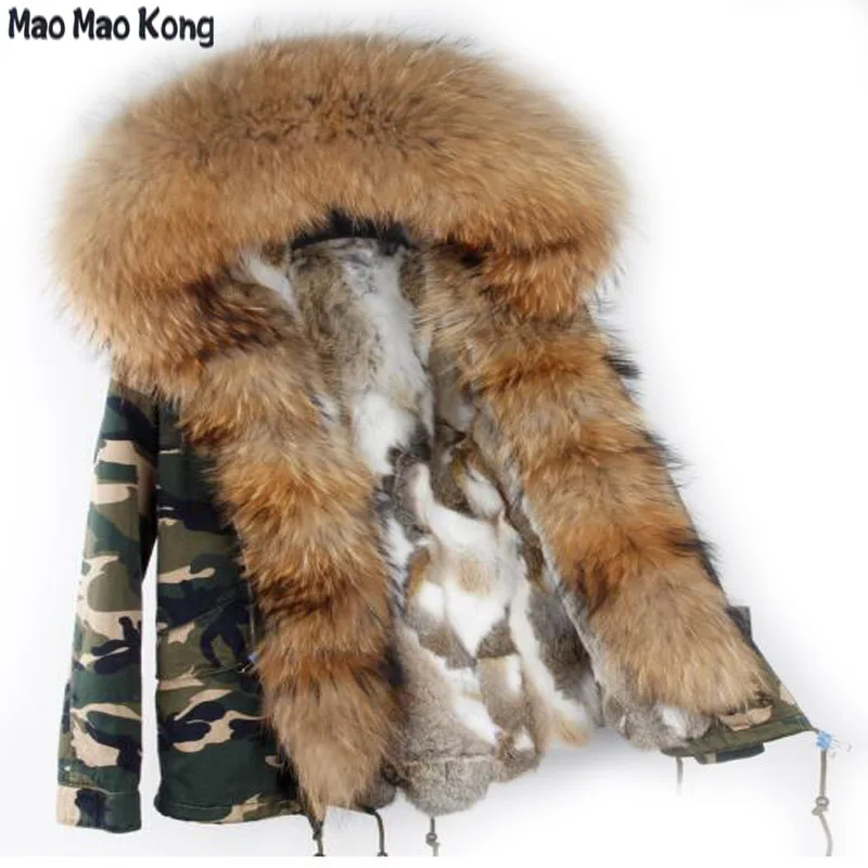 MaoMaoKong Women Large Raccoon Fur Collar Real Raccoon Fur Parka Detachable Jacket Real Rabbit Fur Liner Black Winter Coat