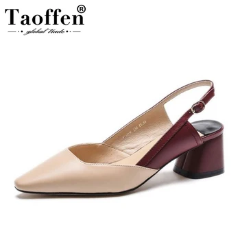 

TAOFFEN Fashion Pointed Toe Women Sandals Genuine Leather Thick Heels Back Strap Women Daily Leisure Footwear Size 33-43