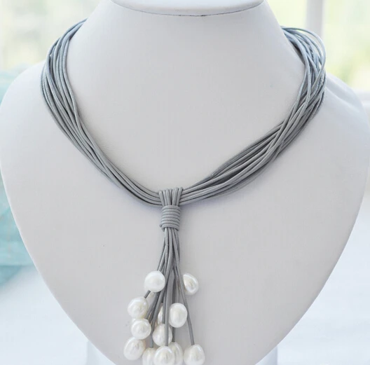 

huij 004356 15row 17" white rice pearl gray leather grape necklace