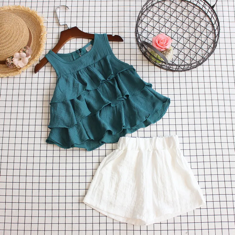 

2019 New Multilayer Lotus Dollshirt + Pure White Shorts Girls Sleeveless O-Neck two pieces set