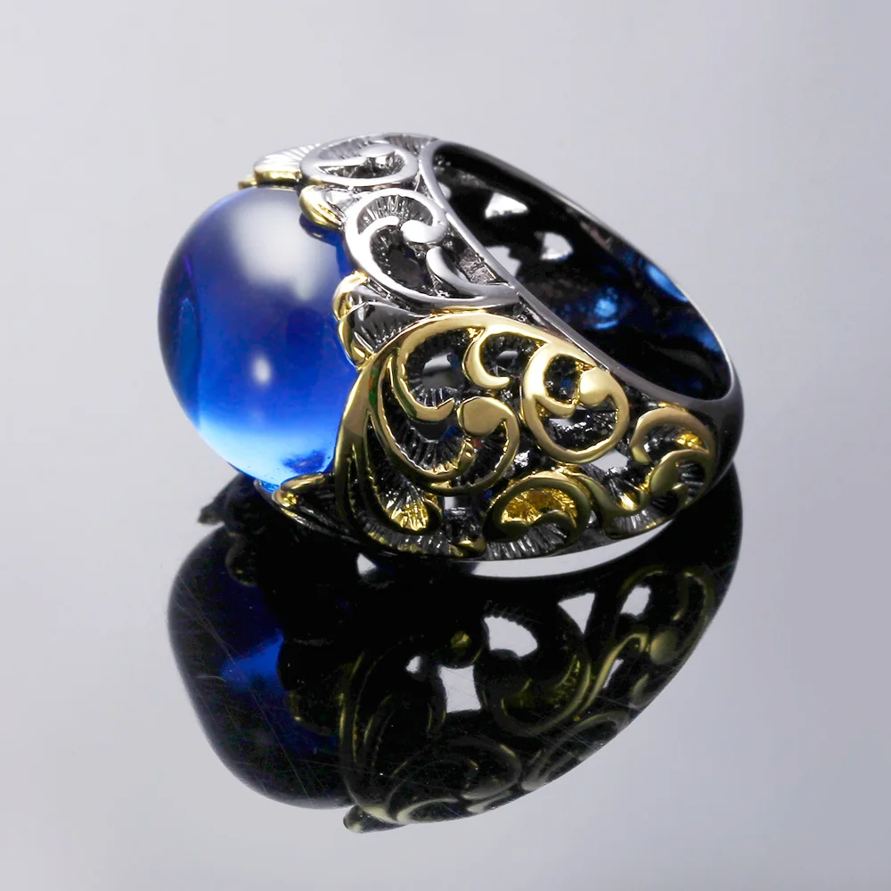 DreamCarnival 1989 Neo-Gothic Blue Rings for Women Black Gold Color Oval CZ Discount Coupon Hollow Vintage anillos mujer ZR14191