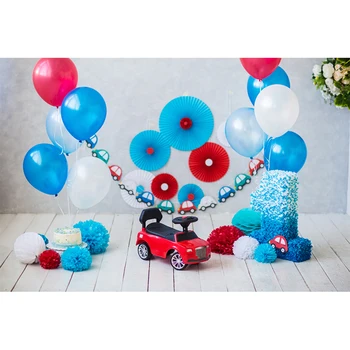 

HUAYI Birthday Backdrop Background Paper Decorations For Baby Boy With Balloons Toy Car Blue Cake Smash Photo Session LW-1091