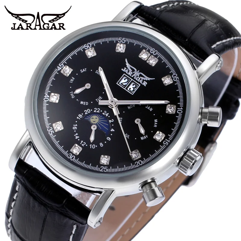 

Genuine Leather Strap Jargar Men's Automatic Watches Moon Phase Mechanical Wristwatch Black Color