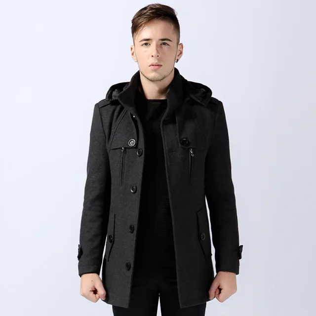 2014 Mens Black/Gray Classical Horn Button Single Breasted Pea Coat