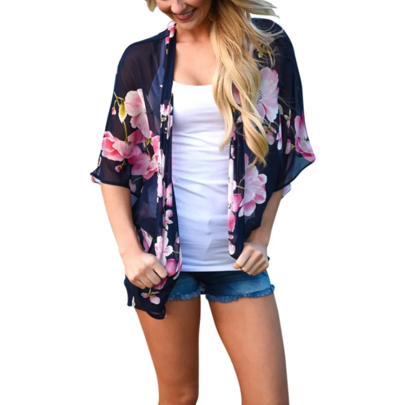 2018 Women Fashion Summer Blouse See Through Ladies Vintage Floral Print Chiffon Kimono Cardigan Casual Beach Shawl