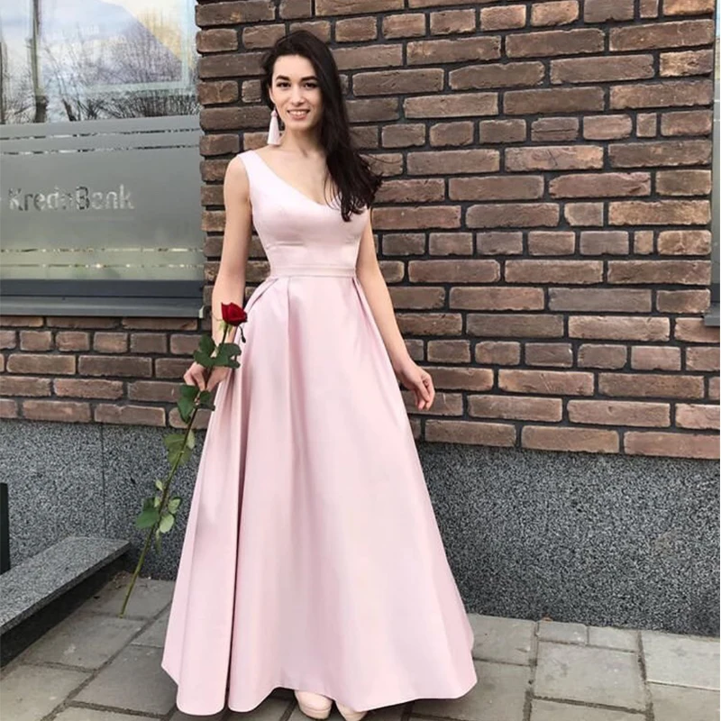 A-line Baby Pink Prom Dresses V-neck 