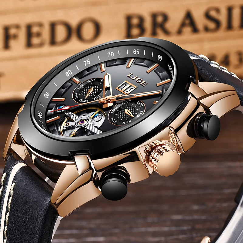 

LIGE Mens Watches Top Brand Luxury Tourbillon Automatic Watch Leather Waterproof Sport Clock Week Watch Relogio Masculino+Box