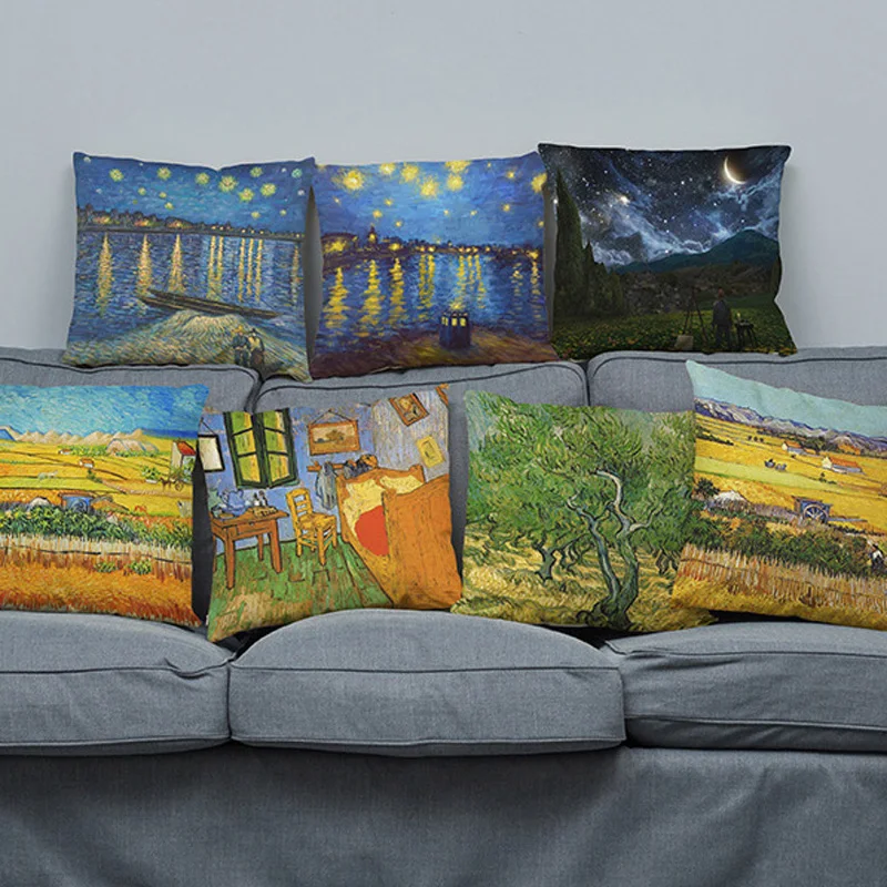 

Pillowcase Polyester linen Van Gogh oil painting The Starry Night Wheat field series 45x45cm pillow case Bedding article 1pc