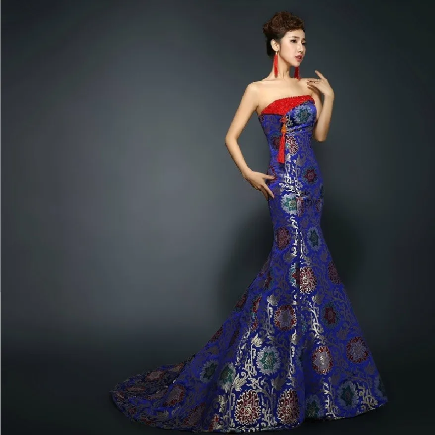 Tube top trailing royal blue fishtail cheongsam wedding dresses brocade long traditional chinese cheongsam wedding dresses (13)