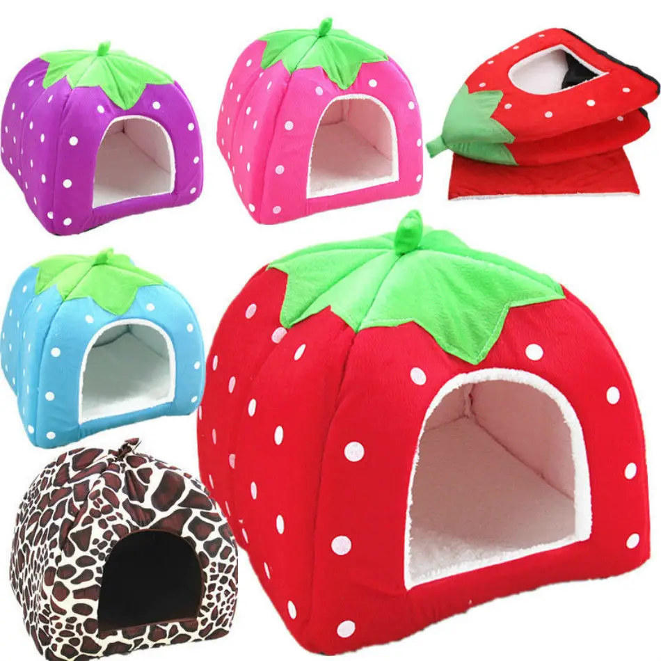 

Cute Pet Kennel Dog Cat House Foldable Breathable Soft Leopard Strawberry Dog Bed Cave Easy to Wash Sweet House Cozy Nest
