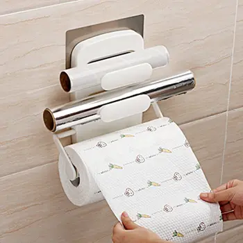 

Quick Cling Film Cutter Plastic Food Wrap Dispenser Roll Paper Towel Storage Rack Kitchen Organizer Shelf Wall Hanging Holder