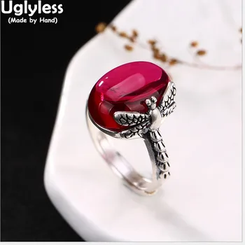 

Uglyless Real 990 Fine Silver Natural Chalcedony Women Luxury Dress Finger Rings Handmade Engraved Dragonfly Opening Ring Retro