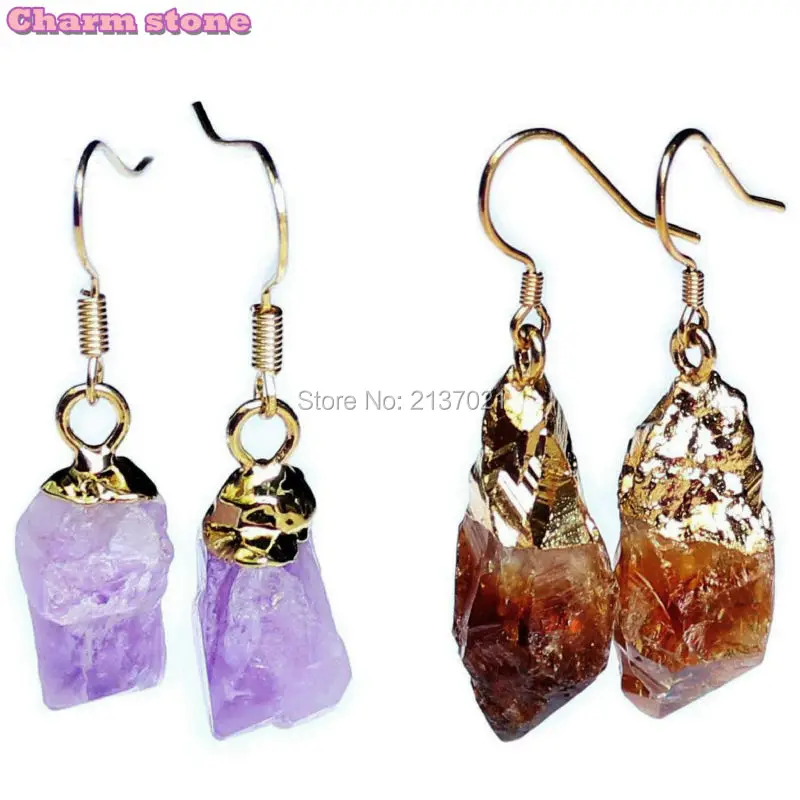 

natural stone purple/yellow Semi precious stone earrings irregularity Energy stone long earrings for women Distinctive jewelry