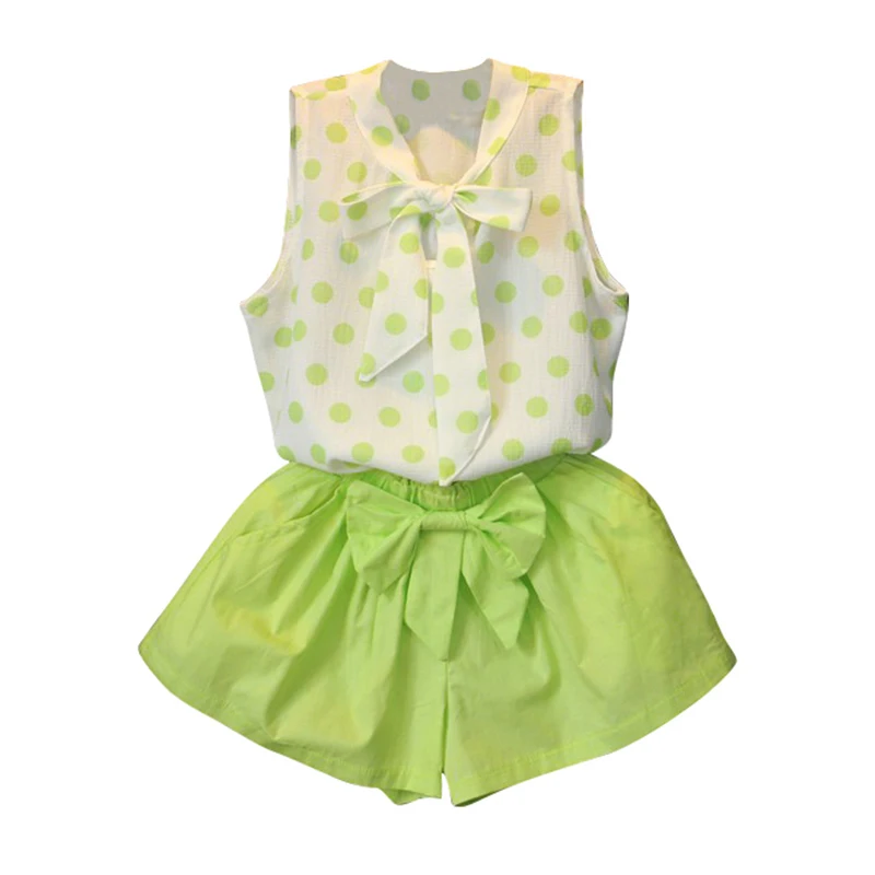 

Summer 2PCs Baby Girls Cloth Sets Polka Dot Print Sleeveless Tops Shirt + Casual Bow Tie Shorts Suits j2