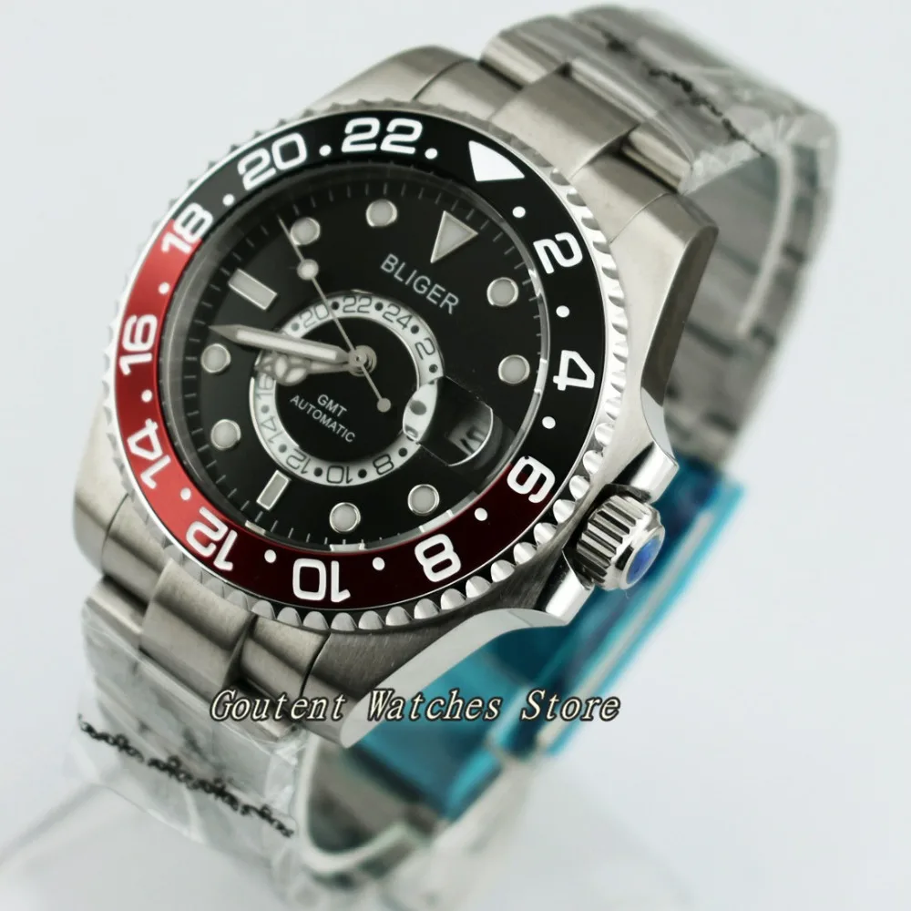 

43mm Bliger Luminous Black&Red Bezel Black Dial SS. Case Automatic Men's Watch