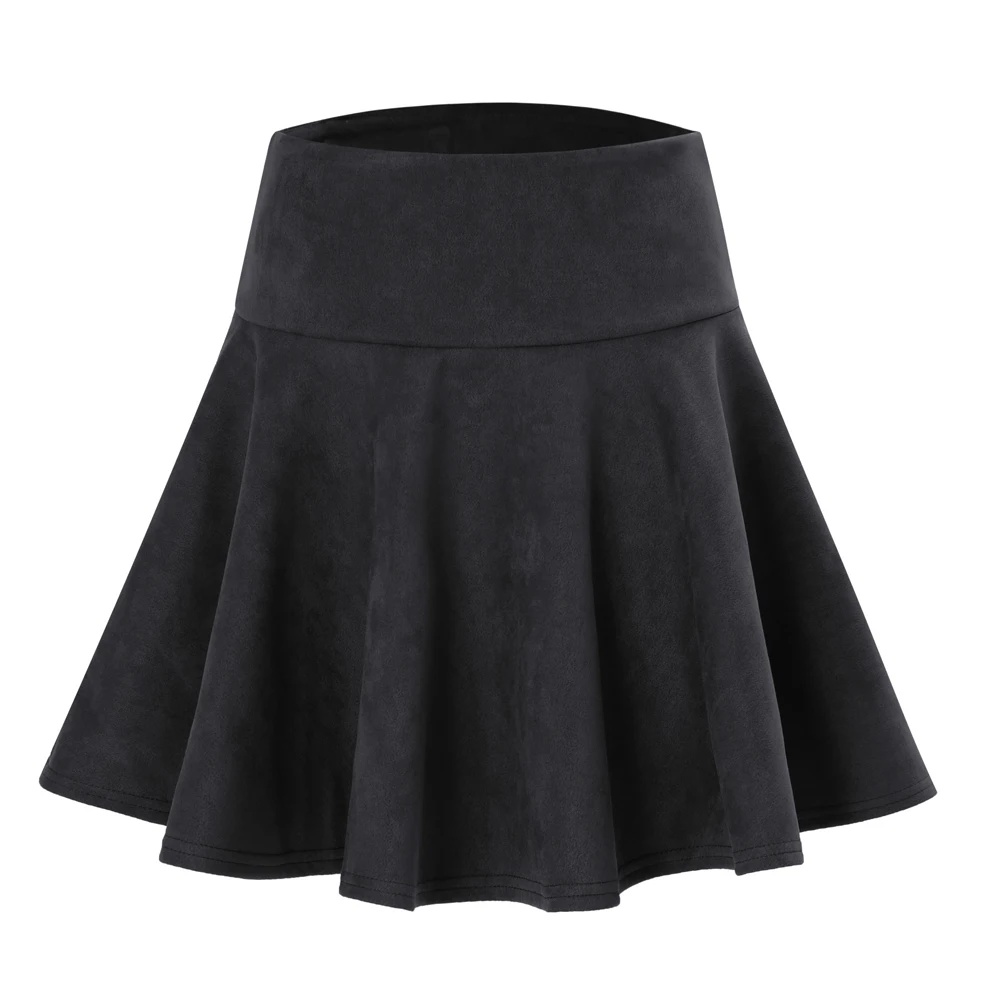 Модная женская юбка из искусственной замши, однотонная, с высокой талией, плиссированная, короткая мини-юбка трапециевидной формы для женщин, новая осенняя замшевая юбка - Цвет: Черный