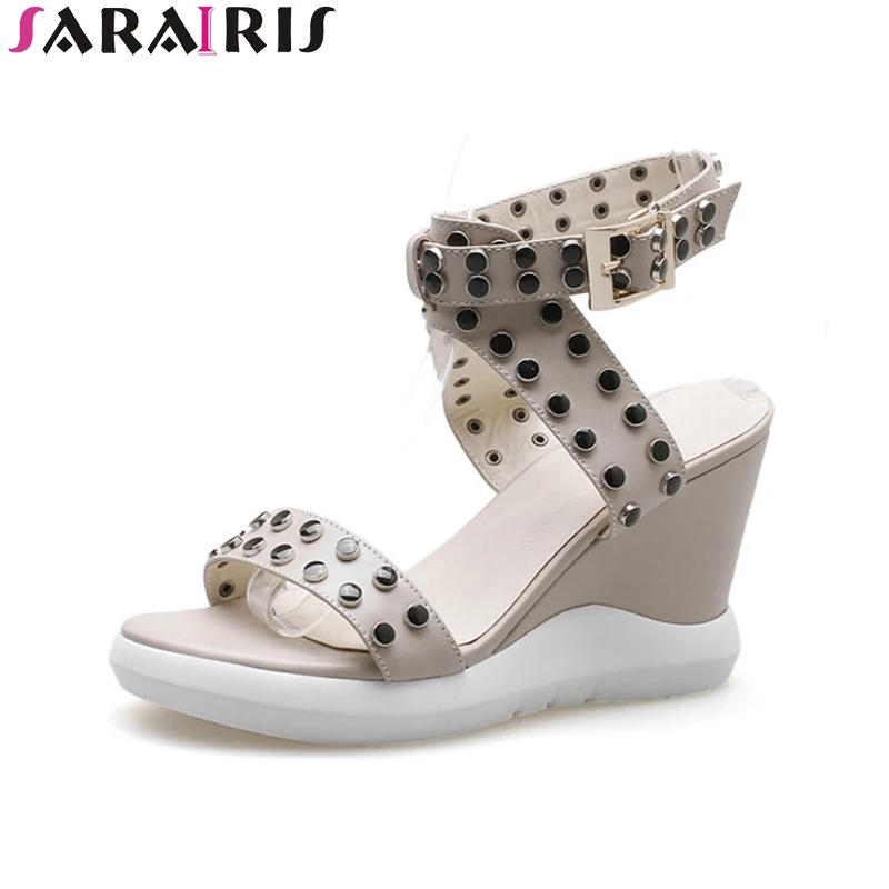 

SARAIRIS New women's Genuine Leather Ankle Strap Solid Wedges Rivet Platform Shoes Woman Casual Comfortable Summer Sandals