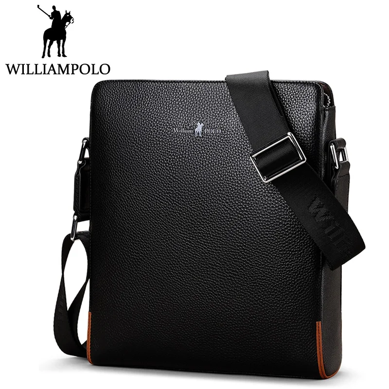 

WilliamPolo Men's Shoulder Bag Genuine Leather Minimalist design Messenger Bags Black Crossbody Bag For Male Business Style Gift