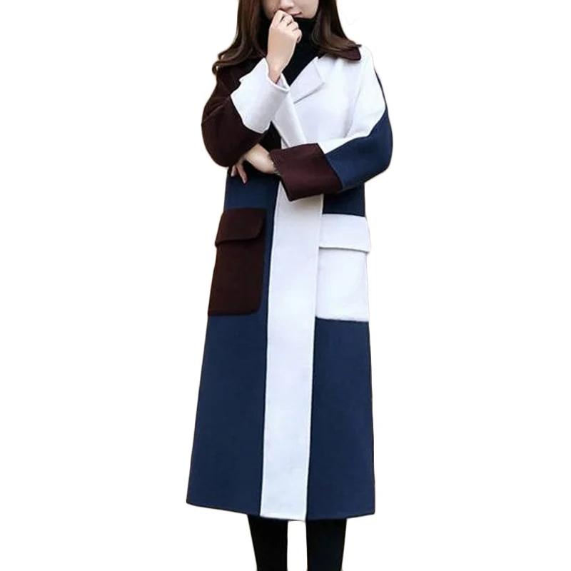 

New Autumn Winter Stitch Contrast color Woolen Jacket Large size Women Long Wool coats High quality Women's Casual Overcome F471