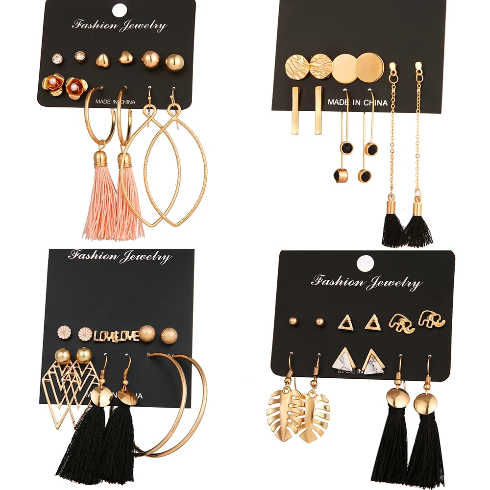 

17IF Long Tassel Dangle Earrings Set For Women Girl New Bohemia Flower Heart Earring Fabric Female Fashion Jewelry Hyperbole