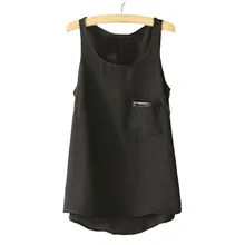 New Fashion Simple Lady Women Loose Casual Pocket Chiffon Sleeveless Vest Blouse Shirt
