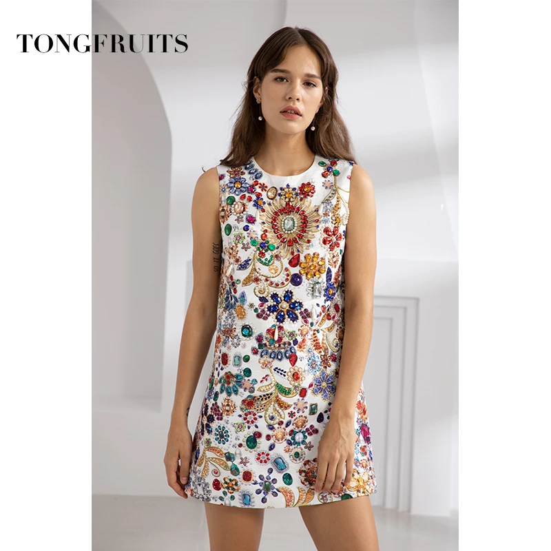 

High Quality Women's Designer Runway Dresses European 2019 New Vintage Printing Heavy Diamonds Sleeveless Jacquard Dress