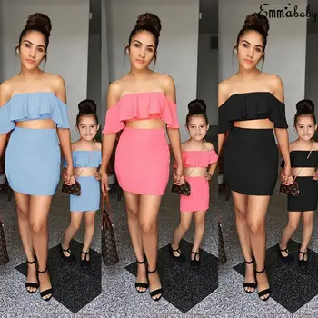 

Family Matching Mommy and Me Women Girl Kid Outfits Ruffle Tops Off Shoulder T-shirt Skirt Mini Dress Set