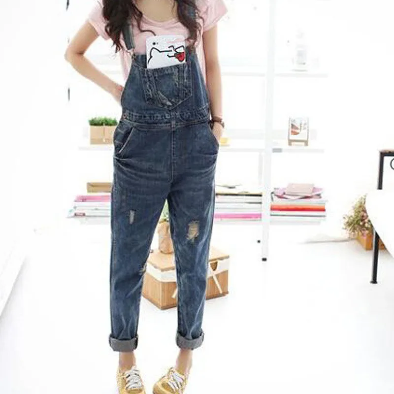 2018 Autumn Women Denim Jumpsuit Casual Jeans Rompers Female Loose Hole Denim Overall Playsuit With Pocket