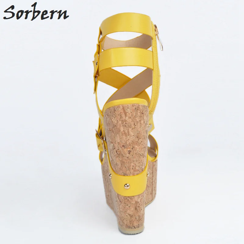 Sorbern/Роскошная обувь на танкетке для женщин; женские босоножки размера плюс; дизайнерская обувь из искусственной кожи желтого цвета на молнии; роскошная женская обувь; коллекция года; женские босоножки