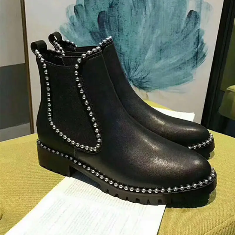 

Rivet Metal Beading Women Ankle Boots Winter Chunky Heel Knight Boots Round Toe Botas Mujer Leather Brand Black Shoes Woman