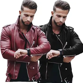 

Plus Size 2018 Autumn Casual Zipper Leather Jacket Motorcycle Bike Cowboy Faux Leather Jacket Coat Men Slim Streetwear