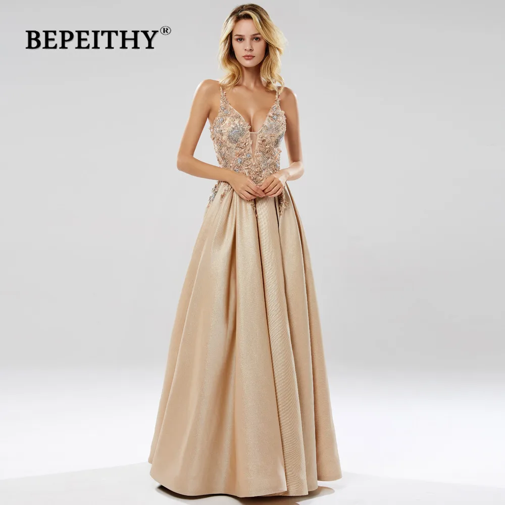 Koop BEPEITHY Glitter Champagne Lange Avondjurk Partij Elegante Kanten Lijfje Sexy Open Back Prom Gown Vestido De Festa 2019