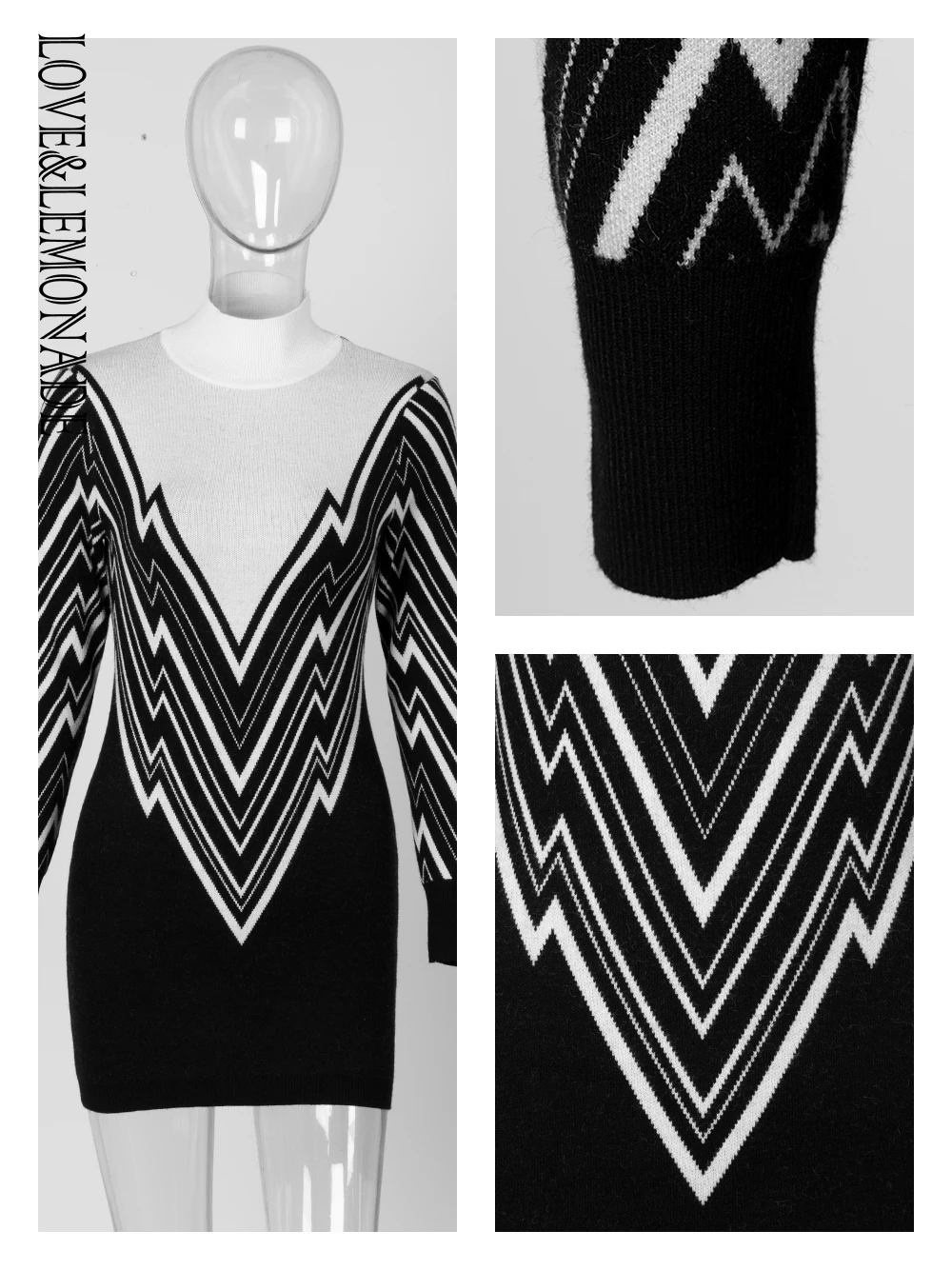Love& Lemonade черно-белое облегающее платье с геометрическими элементами и высокой горловиной из шерстяного материала LM1688AST