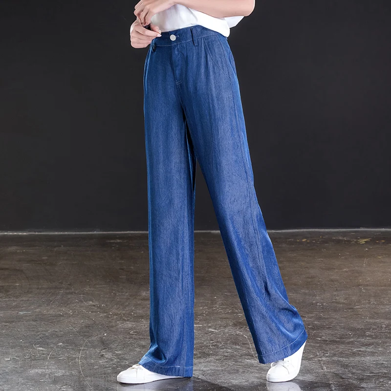 

2019 High Waist Mom Tencle Jeans Women Summer Wide Leg Jeans Casual Loose Pants Office Lady High waist Boyfriend Jeans