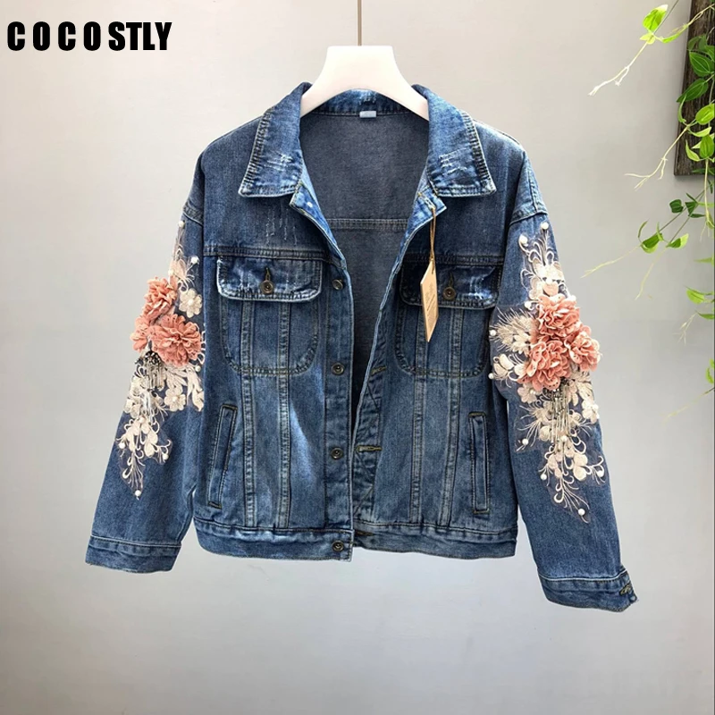 discount 2019 Denim Jacket Women Embroidery Three Dimensional Flowers Pearl Bead Short Denim Coat Woman Jean