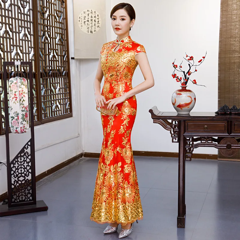 Красный вышивка Cheongsam Сексуальные платья Qipao длинный китайский традиционный свадебный платье восточные Свадебные платья с коротким рукавом QLX