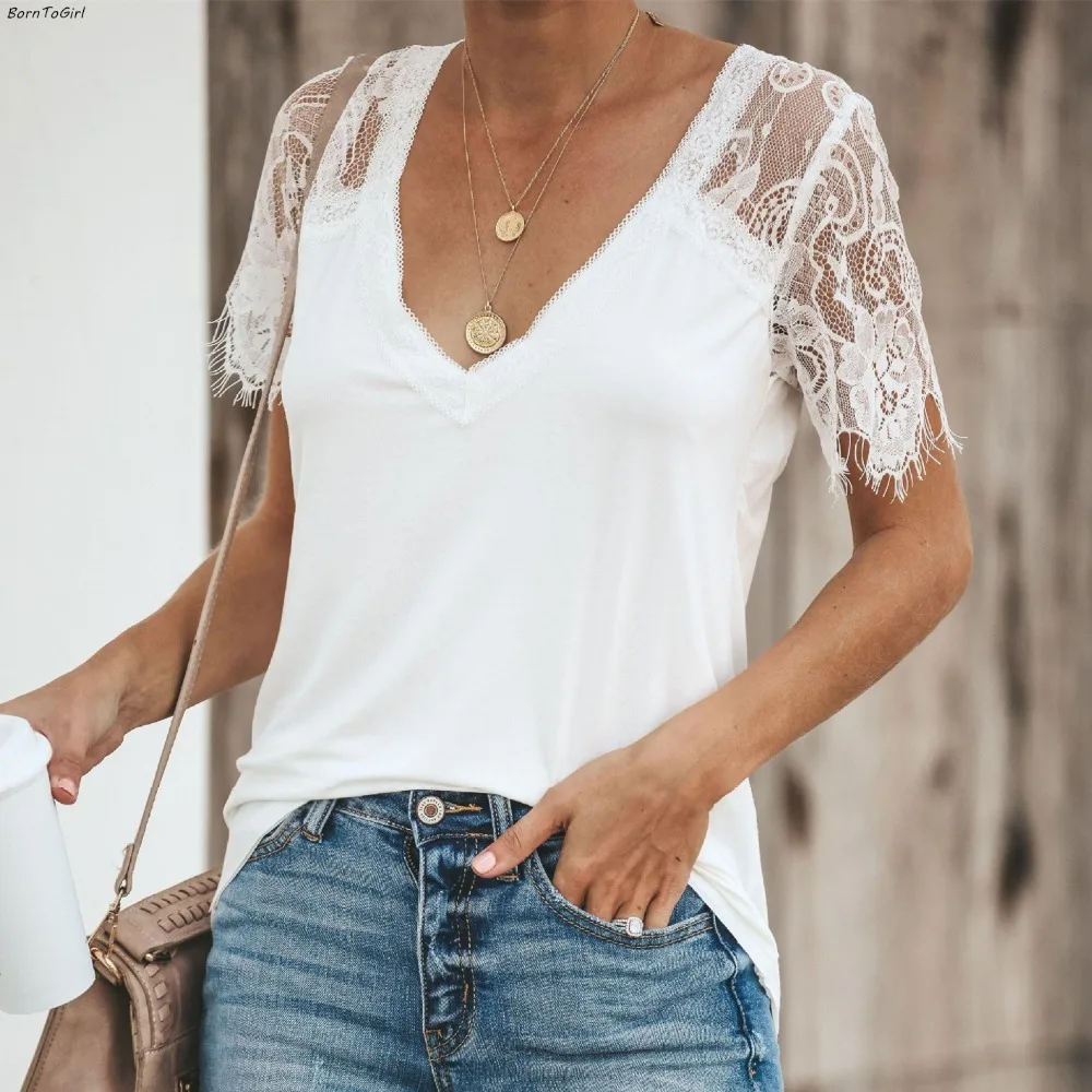 

BornToGirl 2019 Summer Lace Stitching Blouse Shirt Women Casual Short Sleeve Black White Blue Red Blouse Shirt