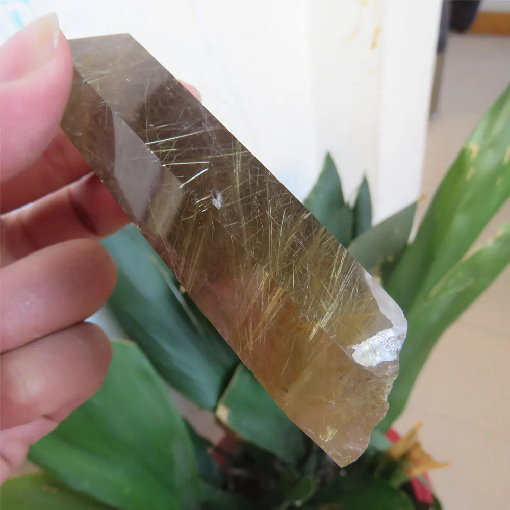 

135g Natural Golden Rutile Quartz Crystal Point Wand Rutilated Quartz fully inside Pocket Stone Mineral Specimen Reiki Healing